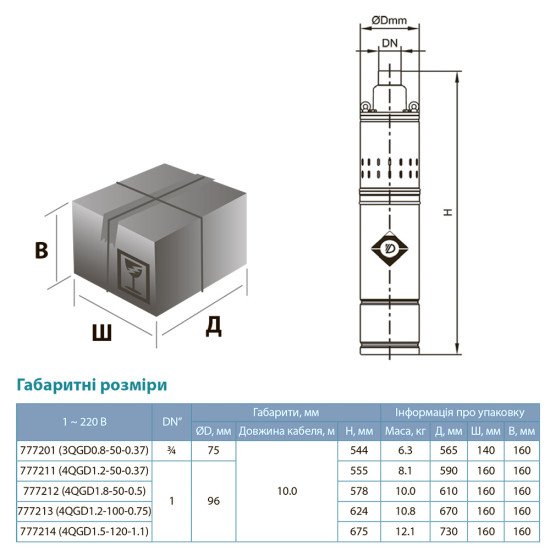 Глубинный насос для скважины Aquatica (Dongyin) 777214 1,1 кВт; h=172 м; 1,8м.куб/час