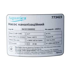 Насос канализационный 1.1кВт Hmax 18м Qmax 350л/мин (нерж) Aquatica (773423)