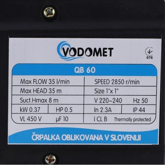 Насос поверхностный вихревой VODOMET QB60 Н=35М, Q=2.1кбМ, P=370 Вт, 1"x1"
